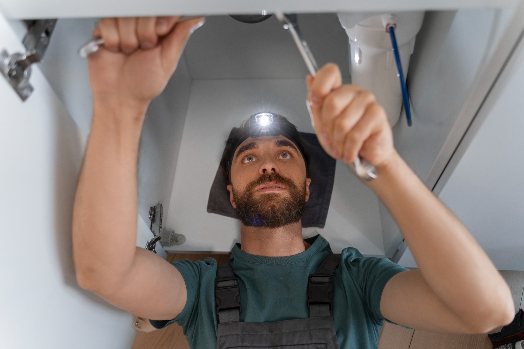 Appliance repair technician working under a sink